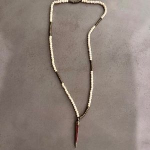 Long Beaded Necklace with Gold Toned Pendant, Ivory/Gold